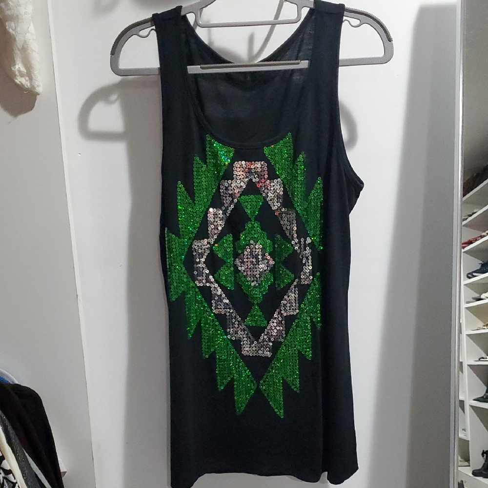 Black Tank Top with Green Sequin Design